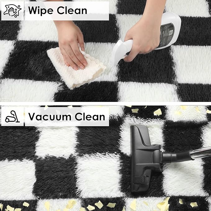 KICMOR Small Rug for Bedroom, 2x3 Fluffy Soft Black and White Checkered Rug - Image 4