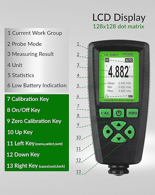 Digital Coating Thickness Gauge CM-208FN / Automatic Thickness Paint Meter for Steel and Aluminum with Resolution 0.001mils /0.1um (Fe/Al)