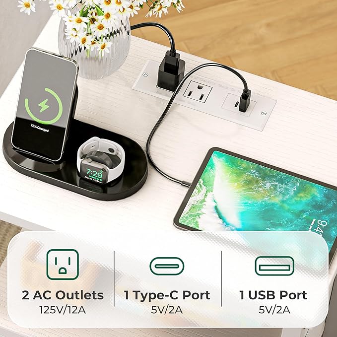 Huuger Nightstand with Charging Station, Side Table with Fabric Drawers | End - Image 4