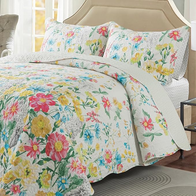 Floral Quilt Queen Quilt Set, Ultra Soft Reversible Microfiber Queen Quilt - Image 3