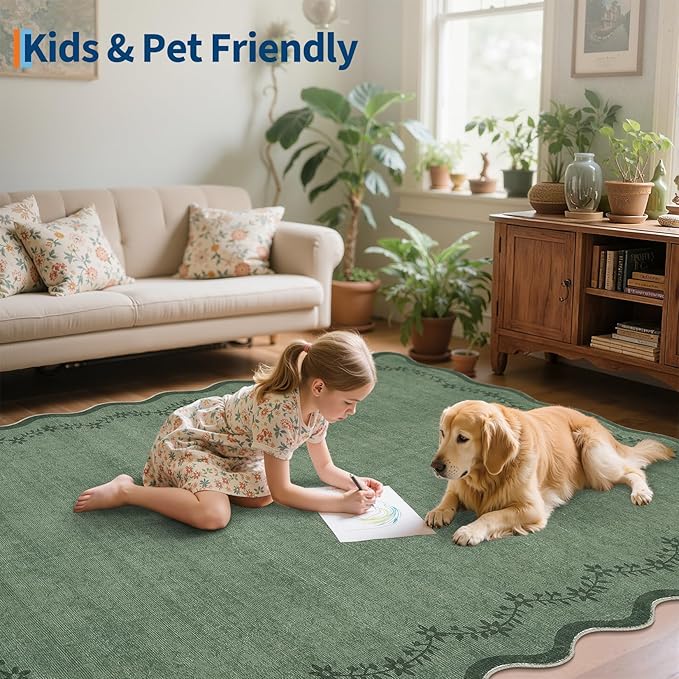 GarveeHome Scalloped Area Rugs 8x10 Large Green Washable Living Room Rug | Soft - Image 7