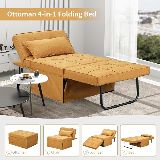 Yellow Sofa Bed, Convertible Chair 4 in 1 Multi-Function Modern Folding Ottoman - Image 3