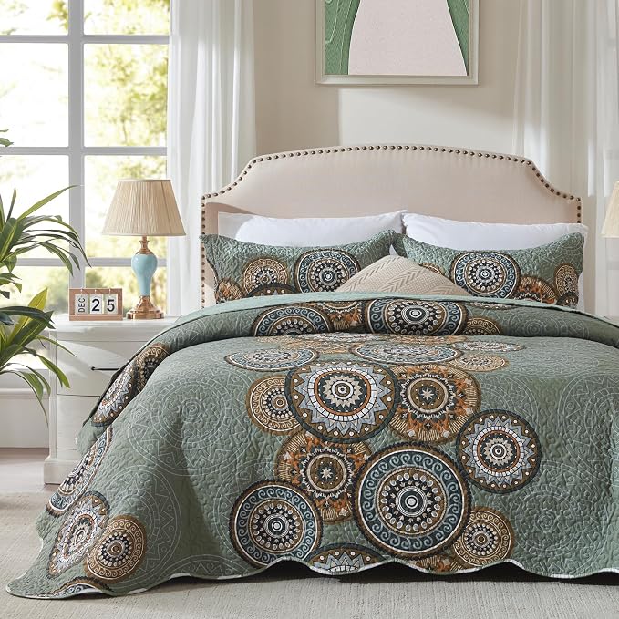 3-Piece Full Queen Size Olive Green Quilt Set Lightweight Oversized Bedspread - Image 2