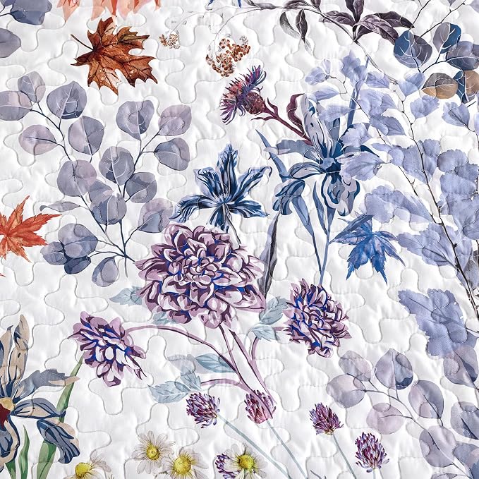Yiran Blue Floral Quilts Queen Size, Sunflower Botanical Bedding Set | Spring - Image 5