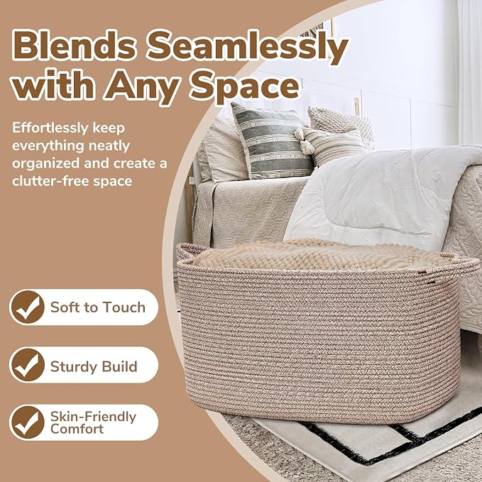 Goodpick Large Woven Rope Blanket Basket, 75L | 21.6'' x 14.9'' x 11.8'' - Image 5