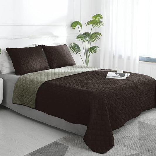 Easy-Going Twin Size Reversible Quilt Set with 1 Quilt and 1 Pillow Shams, Soft Bed Quilt Cover, Water Resistant Lightweight Microfiber Bedspread, Stain Resistant, Chocolate/Beige