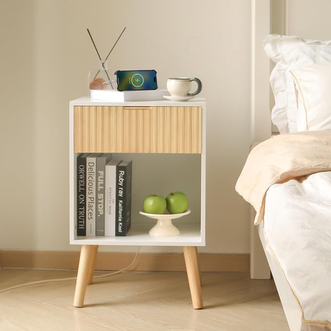 Fultyle Night Stand with Charger Station, Modern Wood Nightstand with Drawer - Image 3
