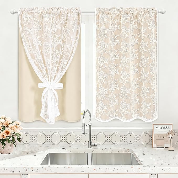 Yinhua Beige Kitchen Curtains 36 Inch Length Double Layer Blackout Cafe Curtains by yinhua