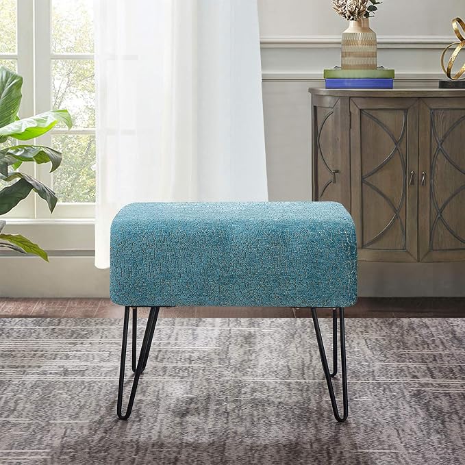 Home Soft Things Blue Jacquard Chenille Ottoman, Babati-Turquoise, Fuzzy Entry - Image 2