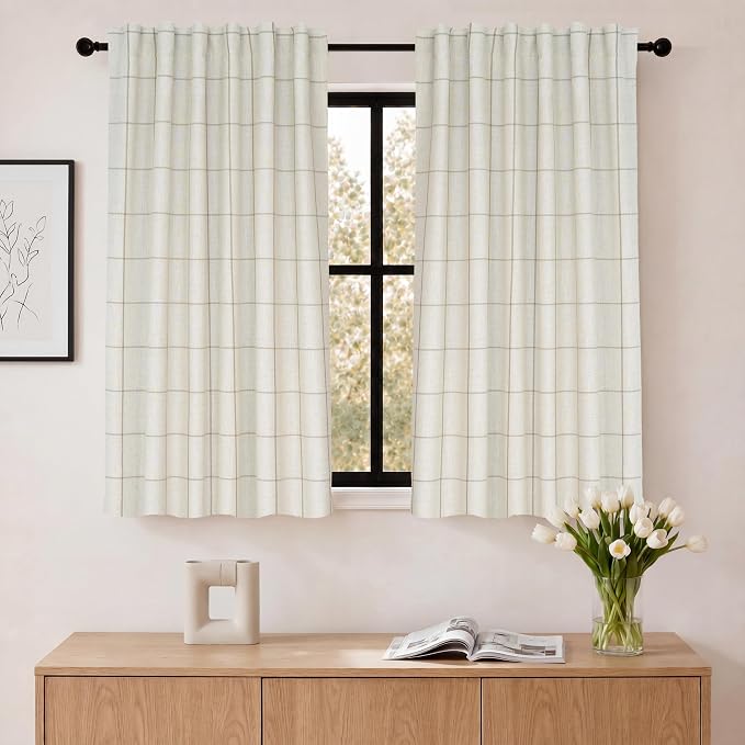 DriftAway 100% Blackout Windowpane Plaid Linen Curtains 36 Inches Taupe | by DriftAway
