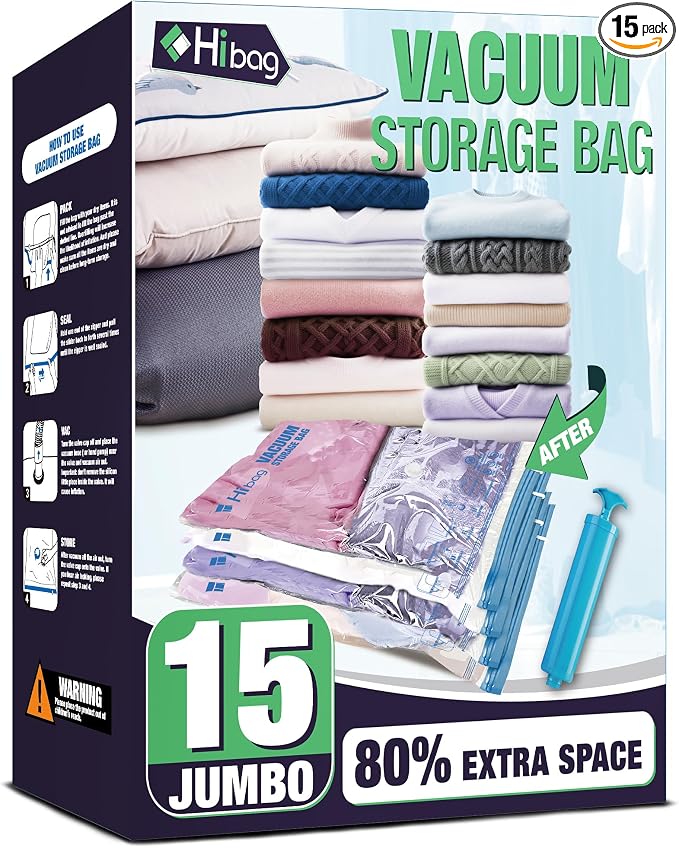 15 Jumbo Vacuum Storage Bags for Bedding, Vacuum Seal Bags for Clothing | Extra by HIBAG