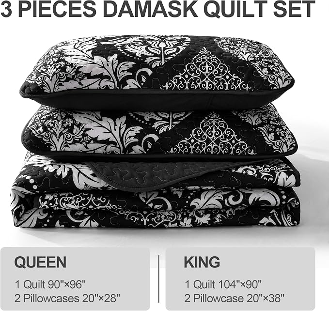 DJY Damask Quilt Set Queen Size, Boho Lightweight Bedding Set 3 Pcs, All Season - Image 6