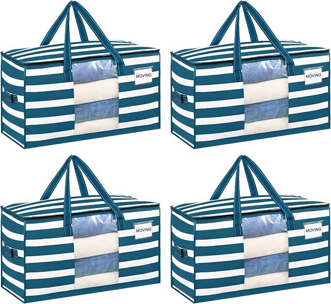 VENO Moving Bags, Wide Open Top, Classic Navy Stripe, 4 Pack | Moving boxes by Veno