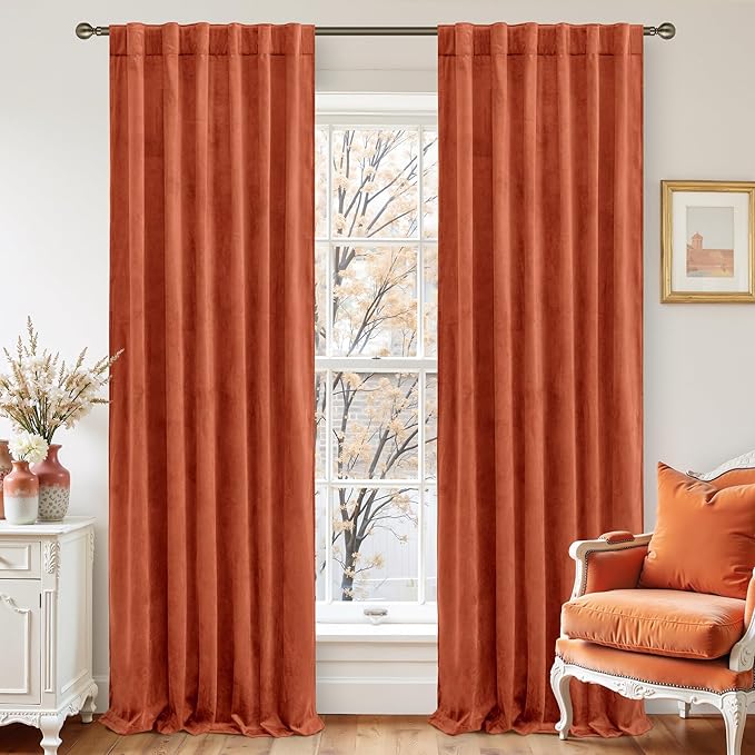 LAMIT Velvet Curtains 90 Inch for Living Room, Thermal Insulated Room Darkening Panels Rustic Vintage Noise Reducing Window Drapes with Back Tab and Rod Pocket, 2 Panels, Terracotta, 52 x 90 Inch