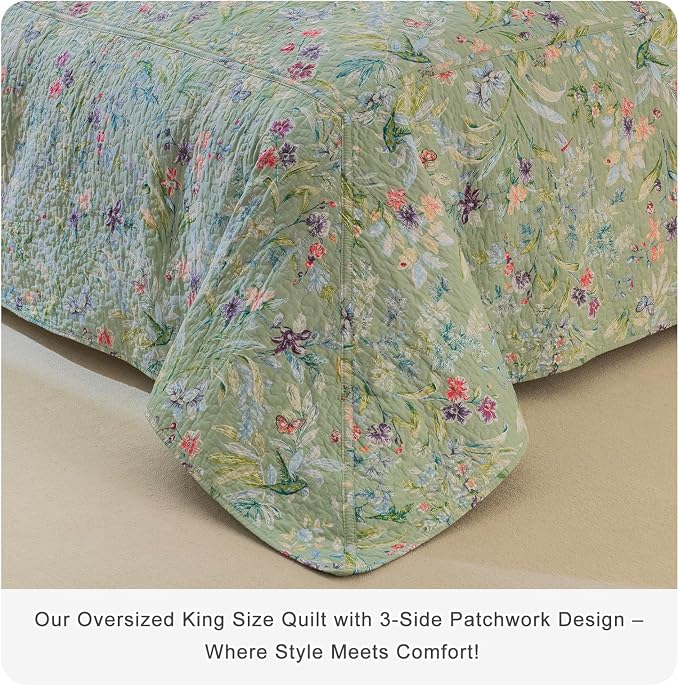 QSH 3Pcs Green Floral Quilt Oversized Queen Size -100% Cotton Quilt Oversized - Image 3