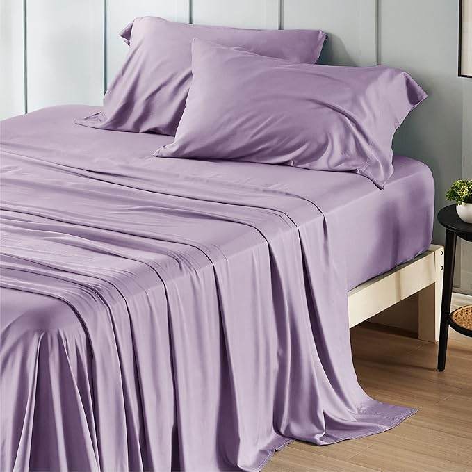 Bedsure King Size Sheets Set, Cooling Sheets for Hot Sleepers, Rayon Derived from Bamboo, Breathable & Soft, Deep Pocket Up to 16 Inches, Hotel Luxury Silky Bedding, Lilac