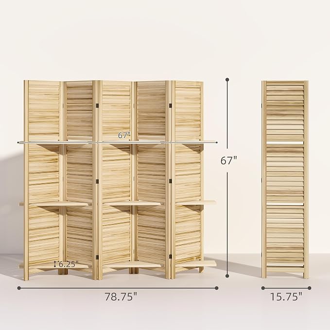 HOMCOM Room Divider with Shelves, 5 Panel, Natural Wood | Wood Privacy Screen - Image 7
