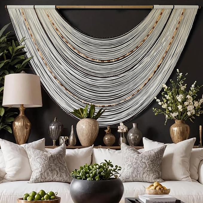 Macrame Wall Hanging Boho Wall Decor Beaded Fiber Art Handmade 57"W*35"L | - Image 2