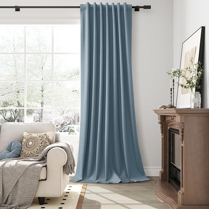 Blue Linen 100% Blackout Curtains 90 Inches Long 2 Panels Set Country Farmhouse - Image 6