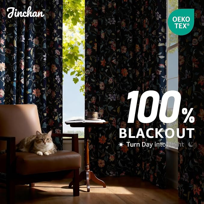 jinchan Dark Blue Floral Blackout Curtains 84 Inch Back Tab 2 Panels | Room - Image 3