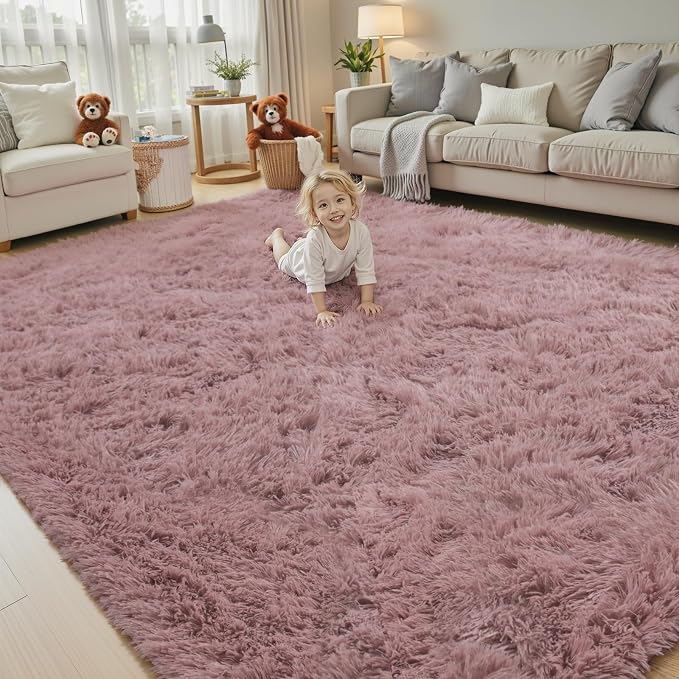 6x9 Shag Area Rug for Living Room, Blush Soft Plush Fluffy Carpet | Non-Slip by Junhejiamei