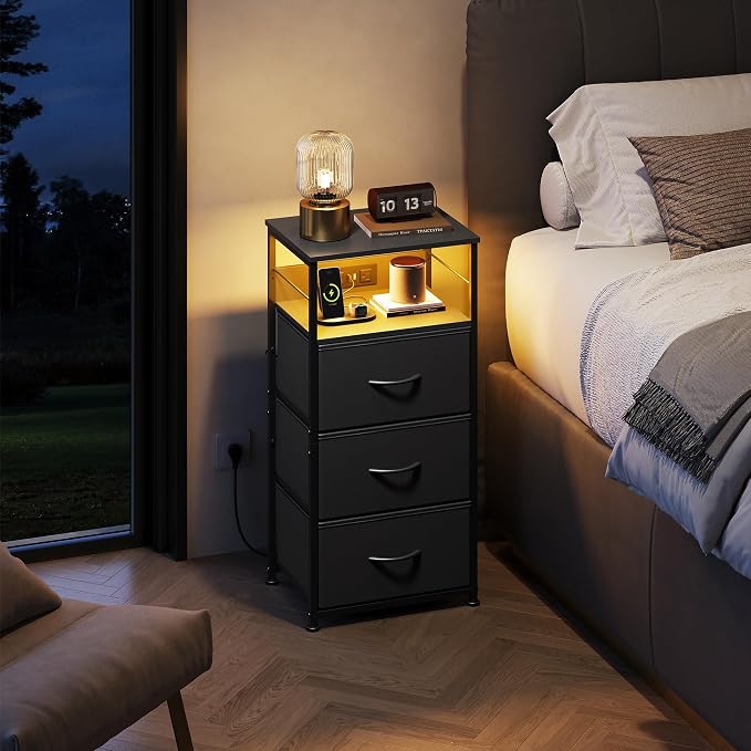 WLIVE Nightstand with Charging Station, 31.9" H Nightstand with 3 Fabric Drawers - Image 4