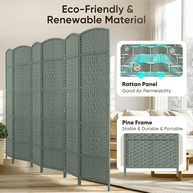 Rattan Room Divider, 6-Panel Folding Privacy Screen 6ft. Extra Wide | Double - Image 3