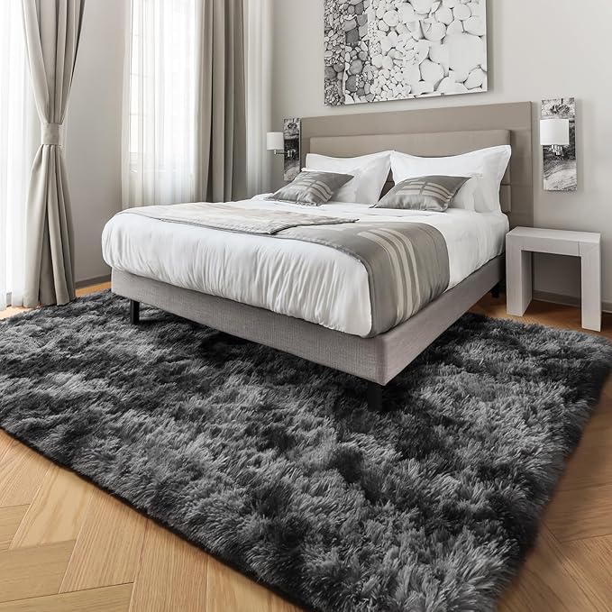 Abstract Soft Shaggy Rugs for Living Room 5x8 Ft, Tie-Dyed Grey Fluffy Rugs for - Image 9