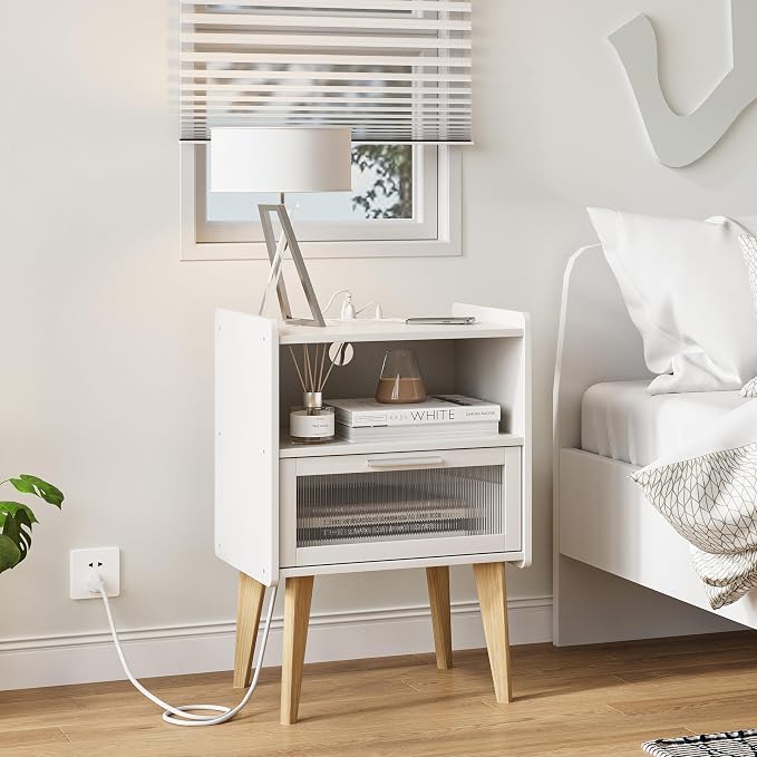 MMEOLUOOK Nightstand with Charging Station, Bedside Tables with Glass - Image 2