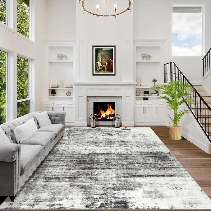 10x14 Area Rugs for Living Room: Washable Abstract Black Grey Carpet | Non-slip by GENTDRIZZ