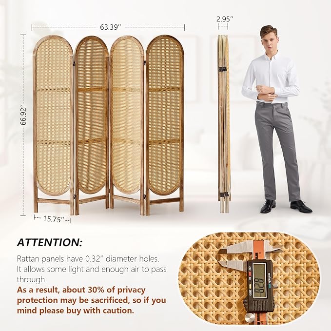 4 Panel Rattan Room Divider Screen, Boho Folding Privacy Screen | Decorative - Image 4
