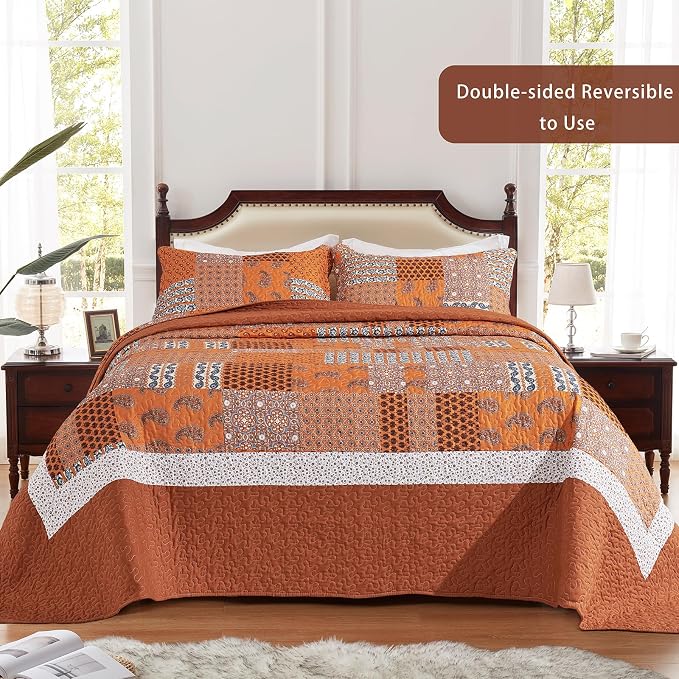 3 Pieces California King Size Quilt Set Burnt Orange Rust Oversized 120x120 - Image 2