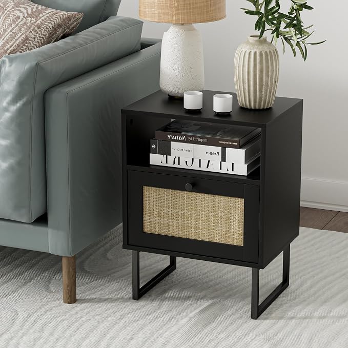 Masupu Rattan Nightstand, Modern Boho Farmhouse Wood Bedside Table - Image 3