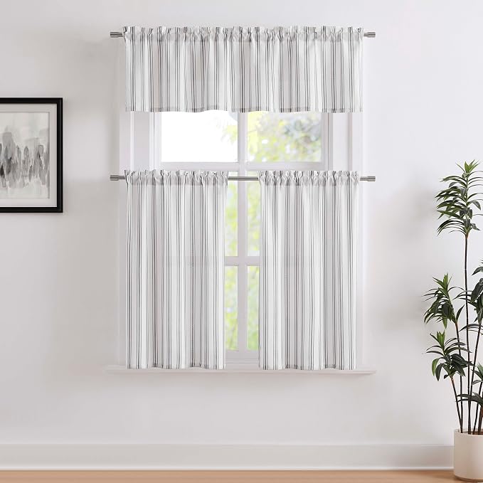ZJDECOR Cotton Blended Beige Striped Kitchen Tier Curtains, Semi Sheer - Image 7