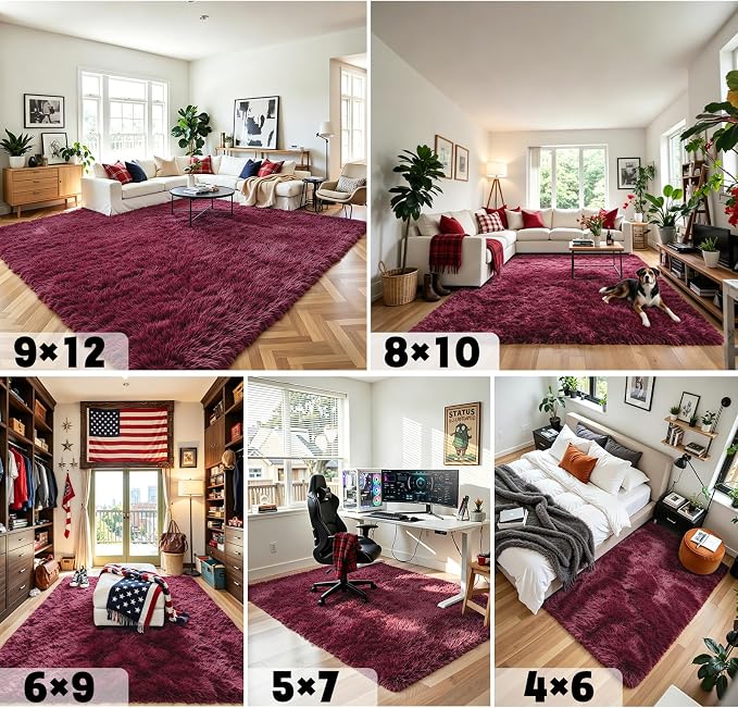 6x9 Shag Area Rug for Living Room, Burgundy Soft Plush Fluffy Carpet | Non-Slip - Image 7