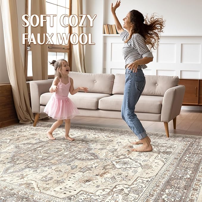 10x12 Area Rug Living Room: Washable Boho Large Neutral Vintage Soft Rugs Stain Resistant Farmhouse Non Slip Indoor Floor Carpet for Bedroom Nursery Kids Playroom Office Dining Room- Beige Brown