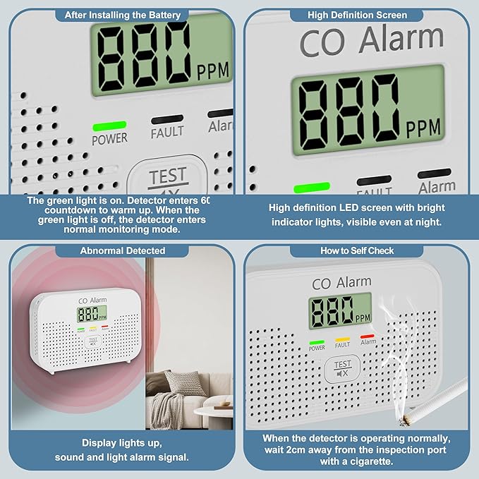 Carbon Monoxide Detector Powered by AA Battery (not Included),CO Monitoring Alarm with LCD Display Screen, Used for Home Basement Kitchen, Hotel Garage, Bedroom, Living Room Voice Alarm 3 Pack
