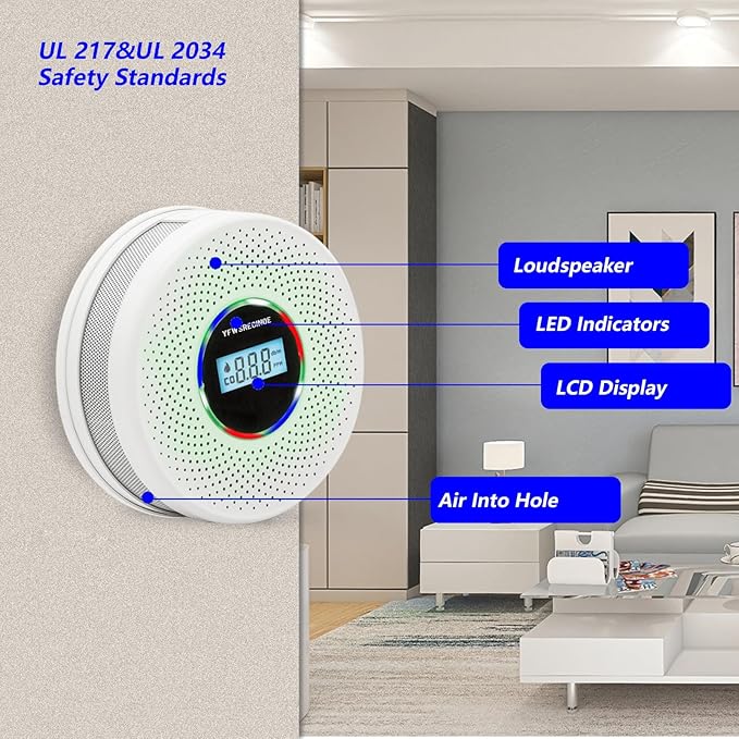 Yfwsrecinoe 6 Pack Upgraded Combination Smoke and Carbon Monoxide Alarm Detector, Dual Sensor Smoke Alarm&Carbon Monoxide Detector (Includes Battery)