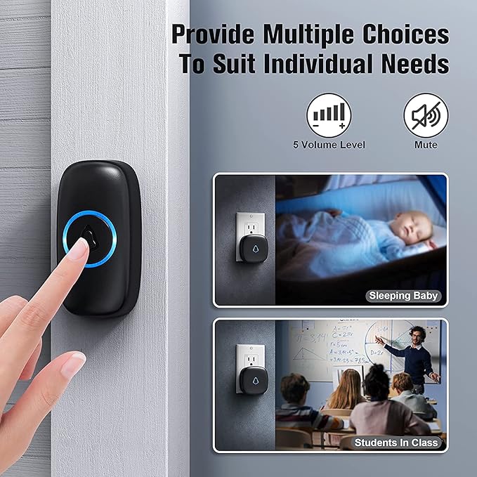SECRUI Wireless Doorbell with 3Receivers 2 Push Buttons, Easy installation, Adjustable Volume, 58 Chimes, Colorful LED, 1000Ft Range, M520+F55, Black