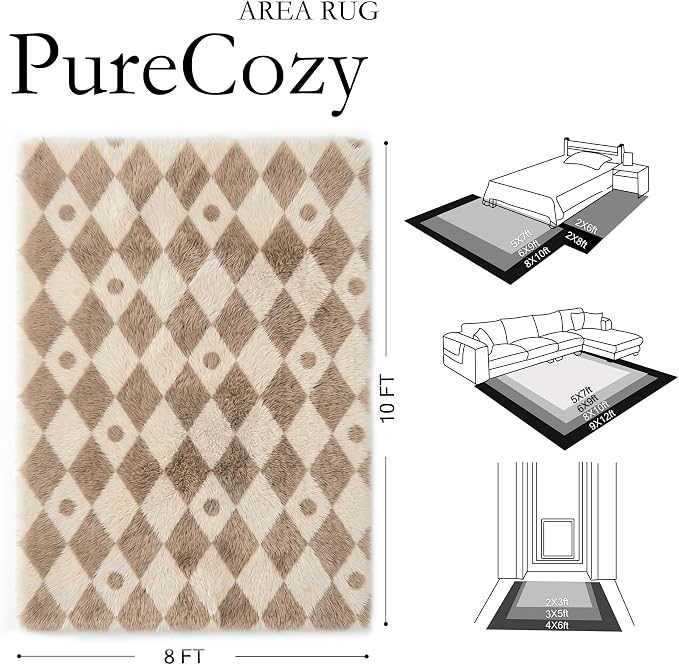 Brown 8x10 Area Rug for Living Room Soft Checkered Shag Carpet | Machine - Image 2