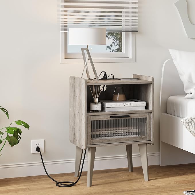 MMEOLUOOK Nightstand with Charging Station, Bedside Tables Oak Grey End Table - Image 2