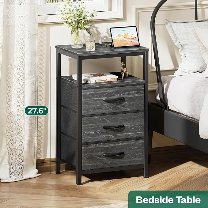 Huuger Nightstand with Charging Station, 27.6 Inch Bedside Table, Side Table | - Image 3