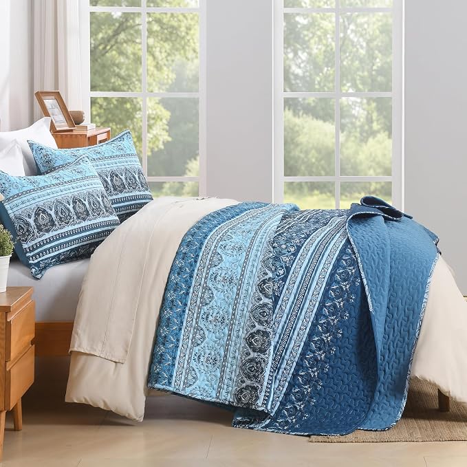 Blue King Size Quilt Set, 3 Pieces Boho Striped Bedspread | Soft Lightweight - Image 7