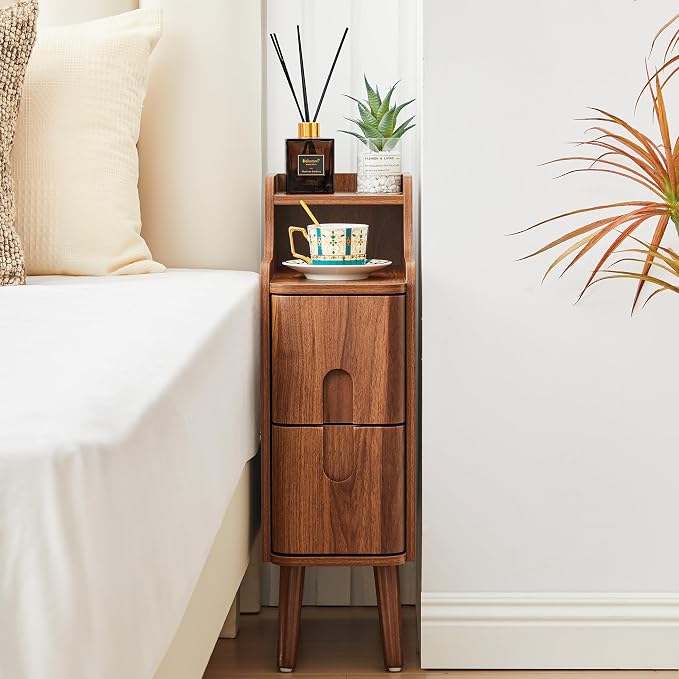 Narrow Nightstand Set of 2, Wood 2 Drawer Small Nightstand, Slim Side Table - Image 8