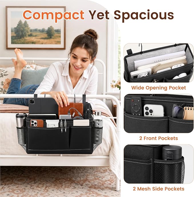 Bedside Caddy for Dorm Bed, Bedside Storage Bag Hanging Organizer | Metal Frame - Image 3
