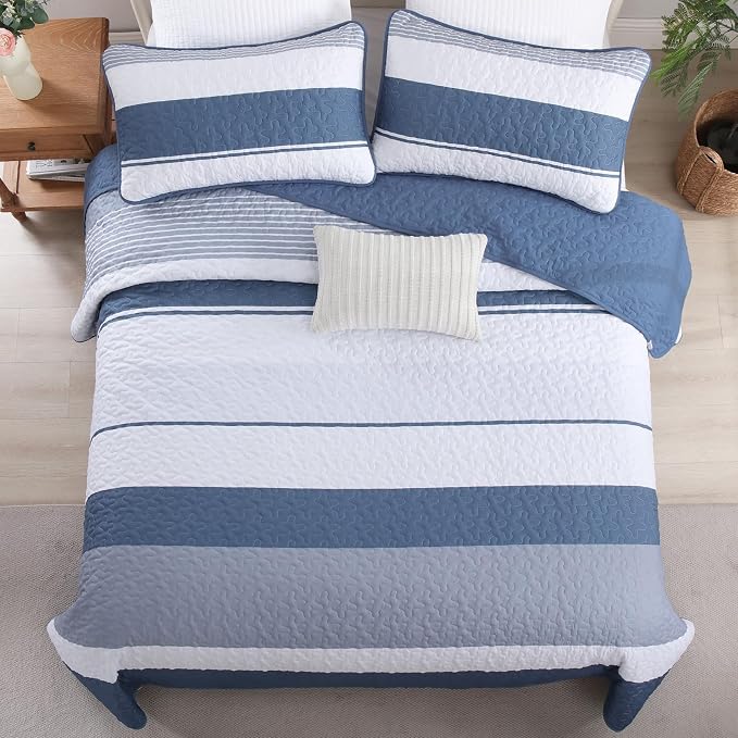 Dinjoy King Boho Striped Quilt Set, Mineral Blue Lightweight Bedspread | Soft - Image 4