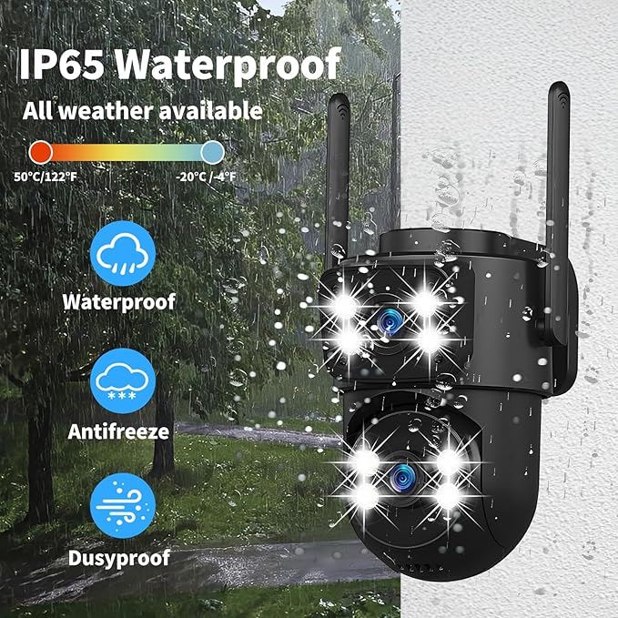dzcctvipc 2K Dual-Lens WiFi Home Security Camera, Indoor/Outdoor Use, 360° Motion Tracking, Color Night Vision, IP65 Weatherproof, Two-Way Talk, Smart Camera, Works with Alexa & Google (No SD Card)