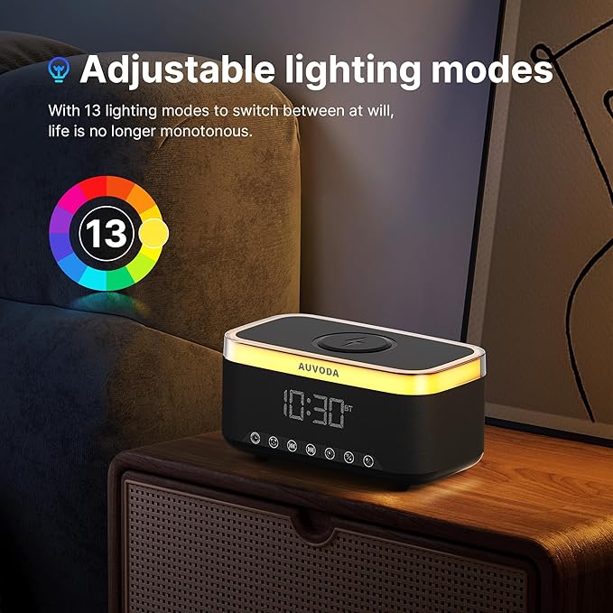 AUVODA S300 Portable Bluetooth Speaker with 15W Fast Wireless Charging, 13-Color Dimmable Night Light, White Noise, Alarm, FM Radio, 16W Stereo, BT5.3, TWS, for Home, Office, Bedroom (Black)