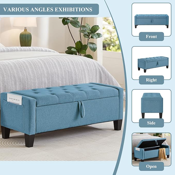 Modern Storage Ottoman Bench, Linen Upholstered End of Bed Bench - Image 6