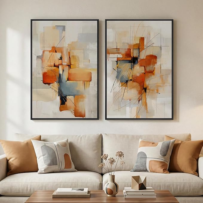 Large Framed Blue Orange Block Abstract Wall Art by Cuspin